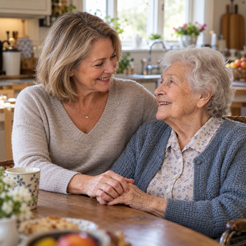 Une femme et sa mère âgée, souriantes, à la table de la cuisine